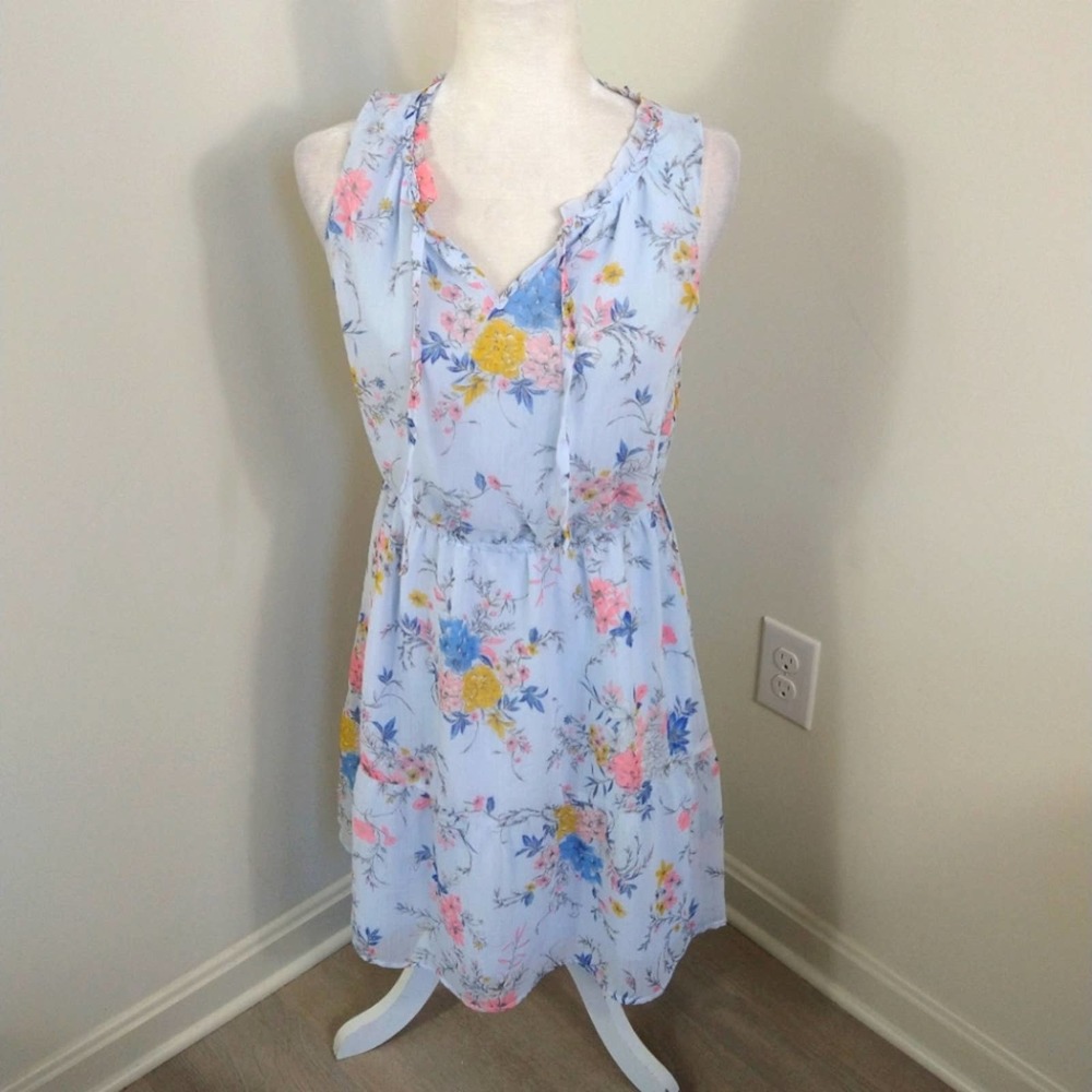 Blue floral v-neck sleeves boho cottagecore midi dress small flowy loose casual